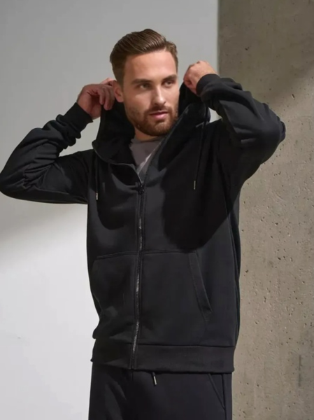 Худи на молнии (зип) черная с начесом мужская 320гр/м